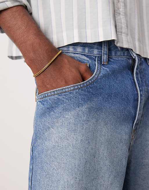 ASOS DESIGN Long Length Denim Fatigue Jorts In Mid Wash Blue