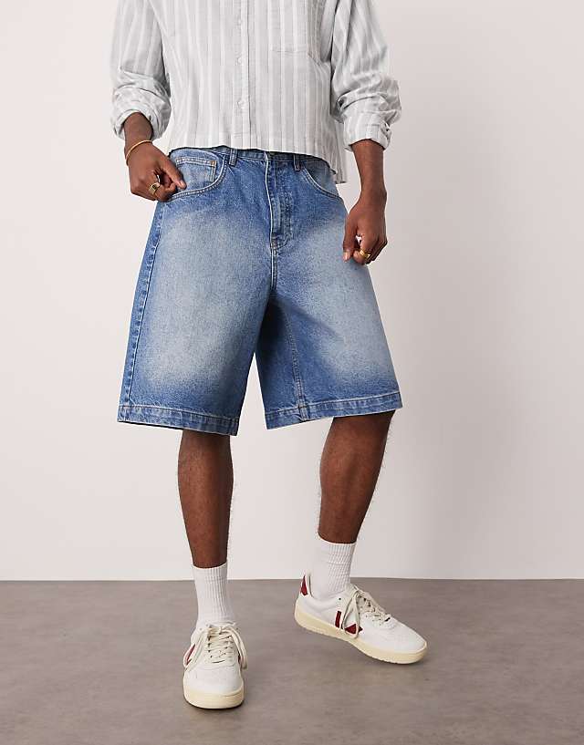 ASOS DESIGN long length denim fatigue jorts in mid wash blue