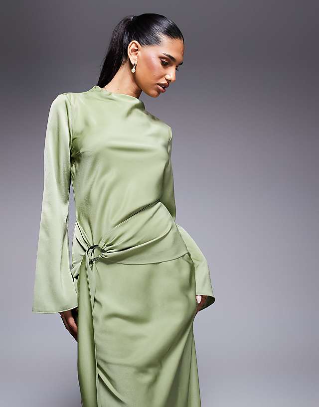ASOS DESIGN Long Sleeve Bias Satin Maxi Dress With D-ring Buckle In Soft Green