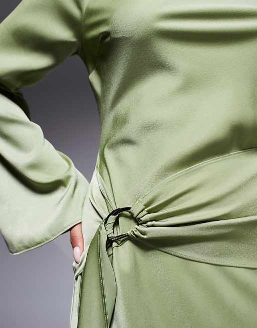 ASOS DESIGN Long Sleeve Bias Satin Maxi Dress With D-ring Buckle In Soft Green