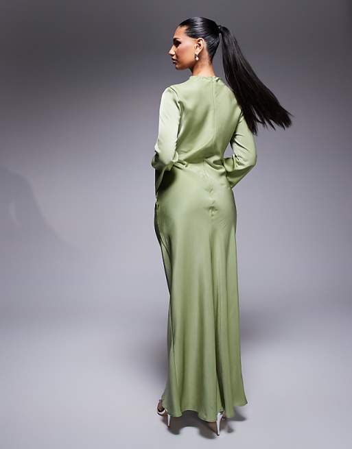 ASOS DESIGN Long Sleeve Bias Satin Maxi Dress With D-ring Buckle In Soft Green