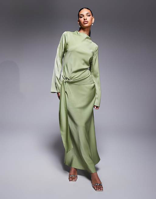 ASOS DESIGN long sleeve bias satin maxi dress with d-ring buckle in soft green