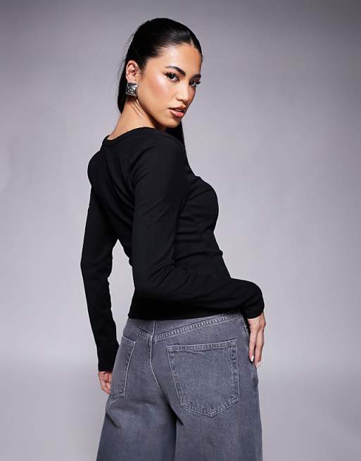 ASOS DESIGN Long Sleeve Ribbed Top With Notch Detail In Black