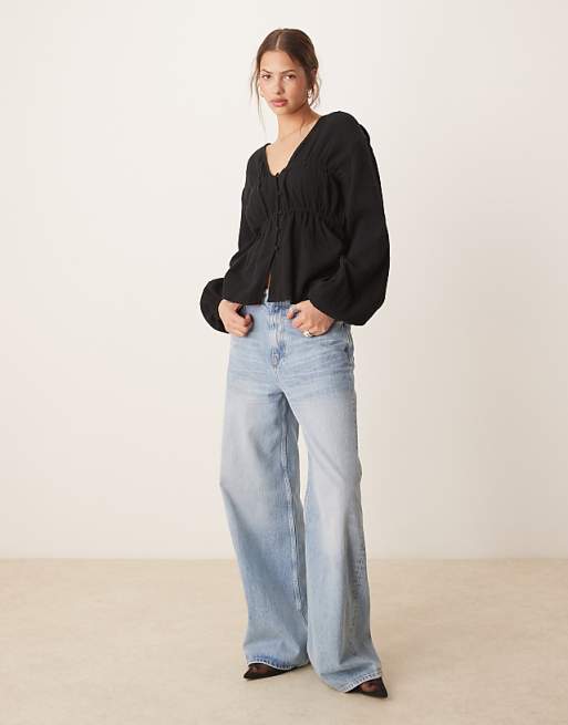 ASOS DESIGN Long Sleeve Smock Top With Button Front In Black