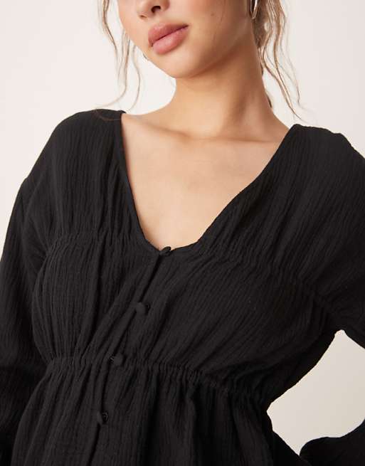 ASOS DESIGN Long Sleeve Smock Top With Button Front In Black
