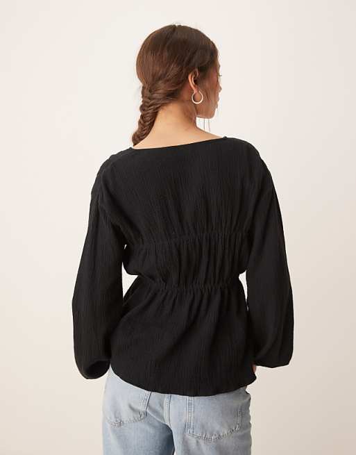 ASOS DESIGN Long Sleeve Smock Top With Button Front In Black