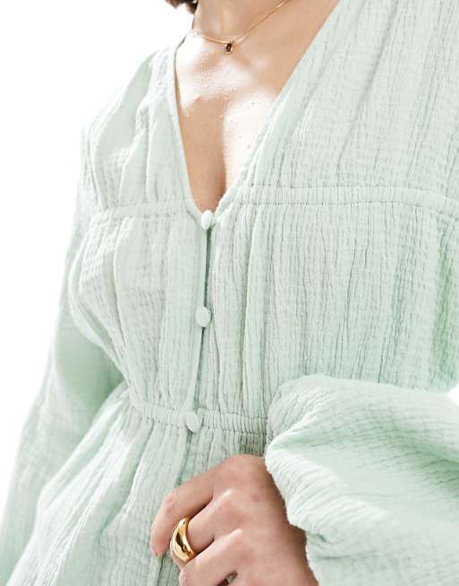 ASOS DESIGN Long Sleeve Smock Top With Button Front In Sage