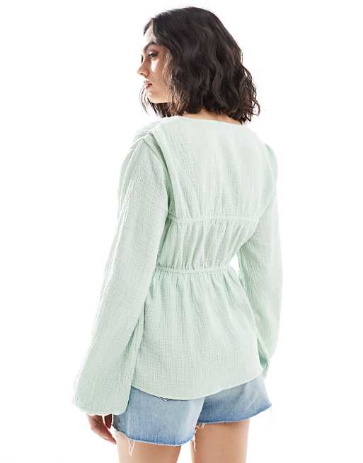 ASOS DESIGN Long Sleeve Smock Top With Button Front In Sage