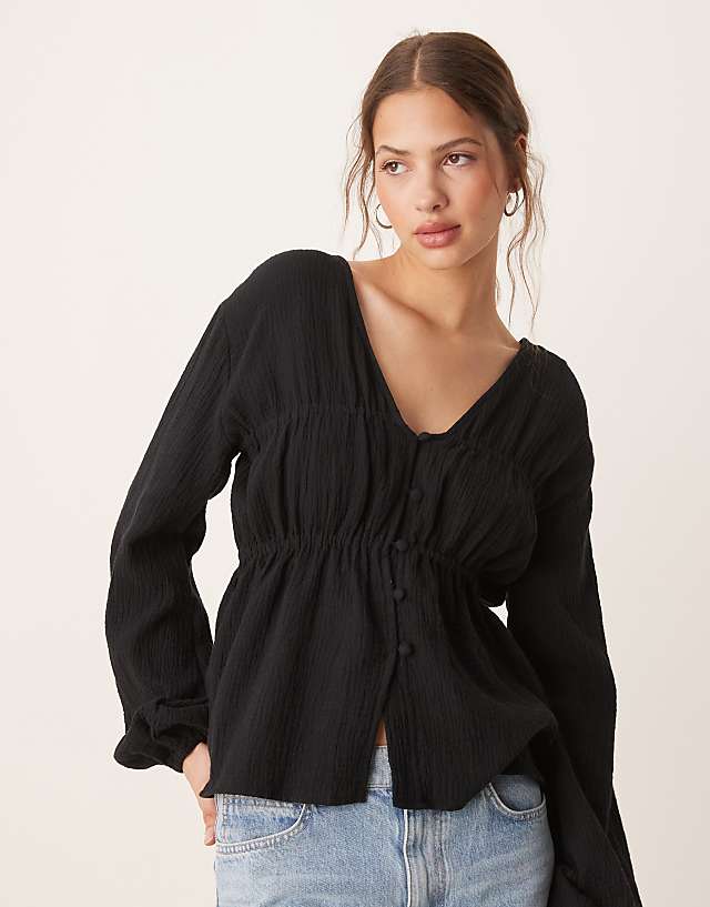 ASOS DESIGN Long Sleeve Smock Top With Button Front In Black
