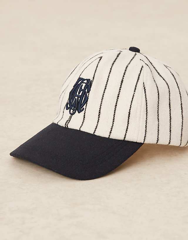 ASOS DESIGN melton baseball cap with embroidery and stripes in ecru and navy