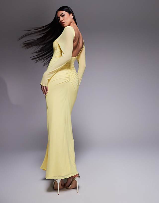 ASOS DESIGN Mesh Long Sleeve Slash Neck Open Back Maxi Dress With Sash In Pastel Yellow