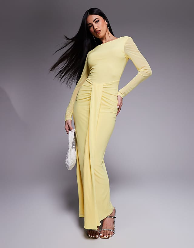 ASOS DESIGN Mesh Long Sleeve Slash Neck Open Back Maxi Dress With Sash In Pastel Yellow