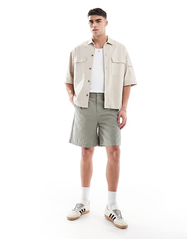 ASOS DESIGN mid length linen blend shorts in khaki