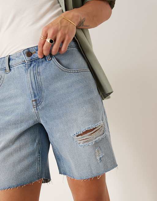 ASOS DESIGN Mid Length Slim Denim Shorts With Rips In Light Wash Blue