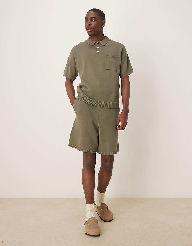ASOS DESIGN Midweight Knitted Cotton Shorts Co-ord In Khaki