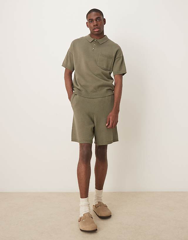 ASOS DESIGN midweight knitted cotton shorts co-ord in khaki