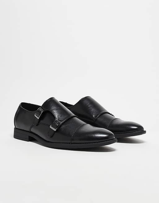 ASOS DESIGN Monk Shoes In Black Faux Leather With Emboss Panel