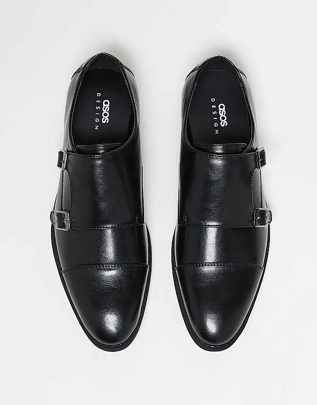ASOS DESIGN Monk Shoes In Black Faux Leather With Emboss Panel
