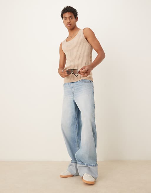 ASOS DESIGN Muscle Fit Knitted Rib Vest In Stone