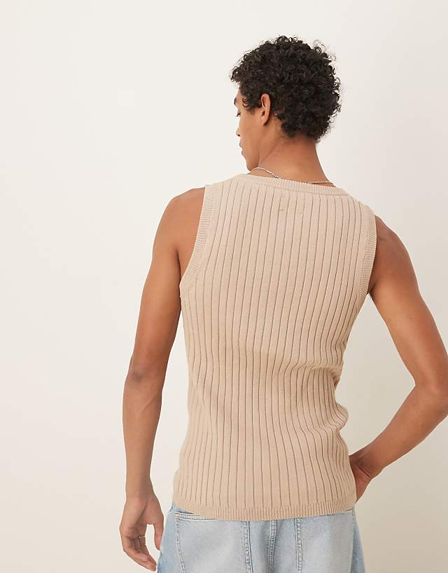 ASOS DESIGN Muscle Fit Knitted Rib Vest In Stone