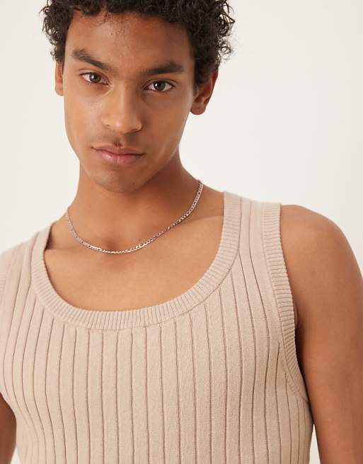 ASOS DESIGN Muscle Fit Knitted Rib Vest In Stone