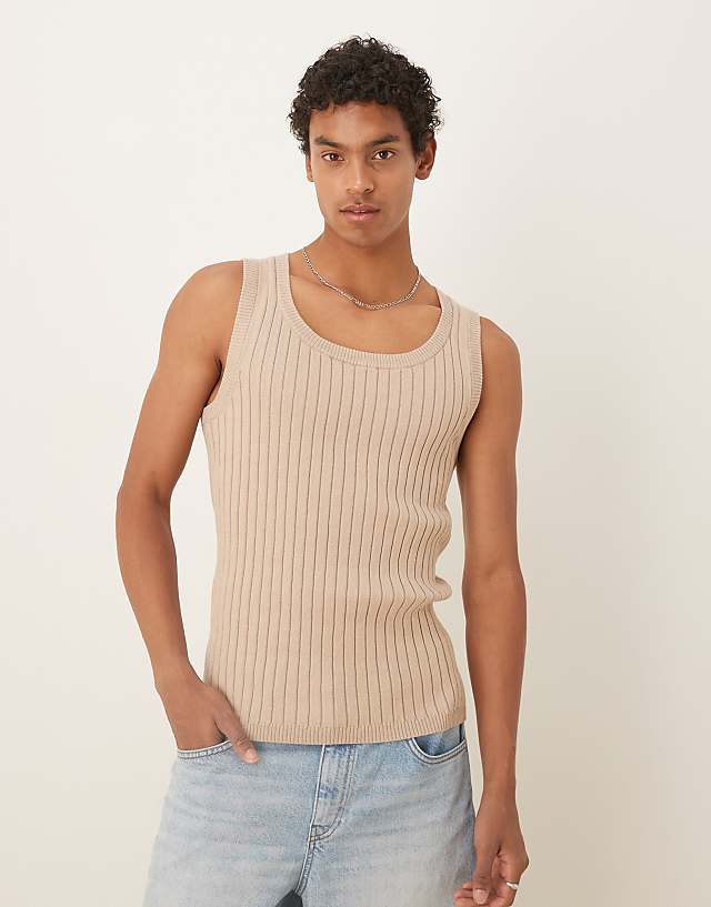 ASOS DESIGN muscle fit knitted rib vest in stone