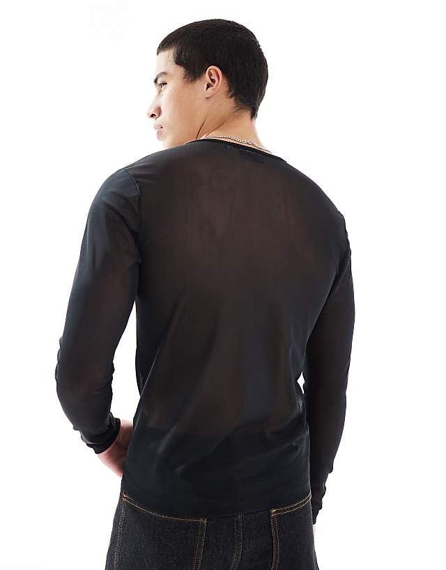 ASOS DESIGN Muscle Fit Long Sleeve T-shirt In Black Mesh With Henley Neck
