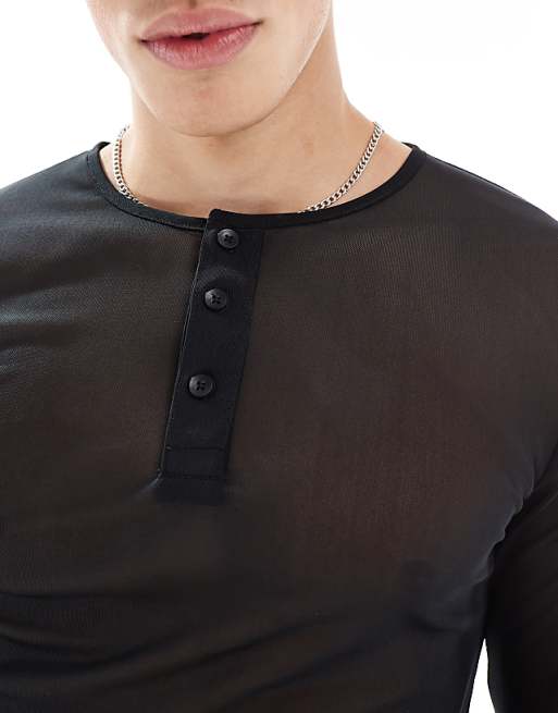 ASOS DESIGN Muscle Fit Long Sleeve T-shirt In Black Mesh With Henley Neck