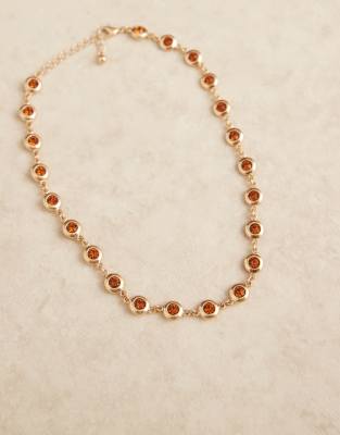 ASOS DESIGN Necklace With Faux Amber Stone In Brushed Gold Tone