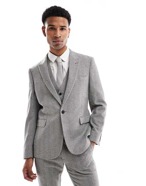 ASOS DESIGN New Skinny Wool Blend Suit In Grey Herringbone