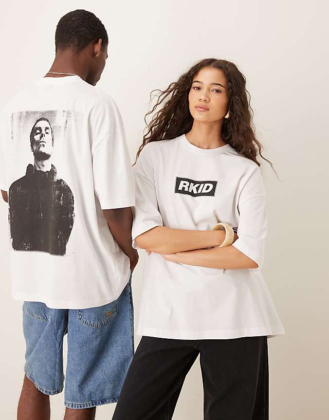 ASOS DESIGN OASIS unisex oversized license t-shirt with RKID Liam print in white