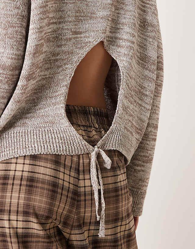 ASOS DESIGN Open Back Crew Neck Knit Jumper With Twisted Yarn In Brown