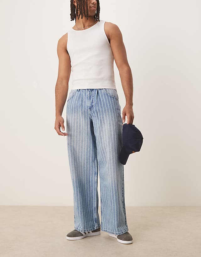 ASOS DESIGN oversized baggy striped jeans with pleats in light wash blue