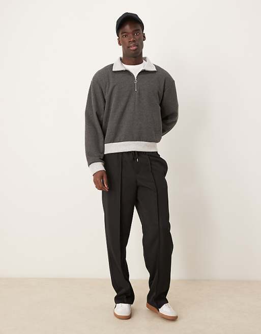 ASOS DESIGN Oversized Boxy Funnel Neck Half Zip Sweatshirt With Contrast Hems In Charcoal