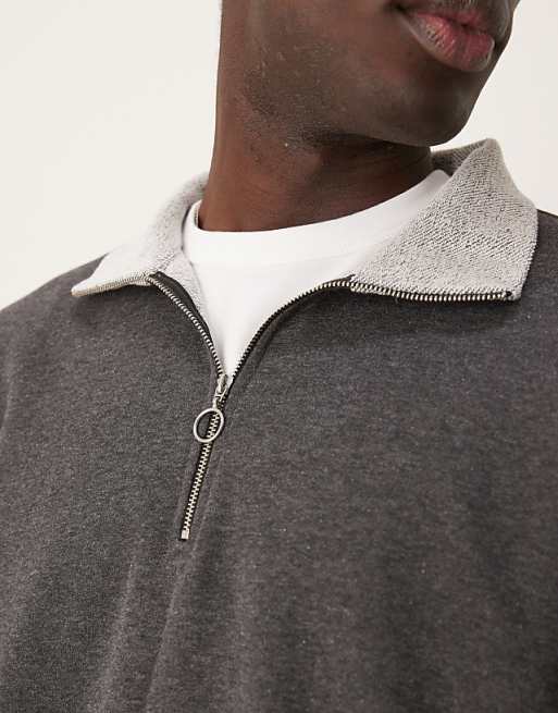 ASOS DESIGN Oversized Boxy Funnel Neck Half Zip Sweatshirt With Contrast Hems In Charcoal