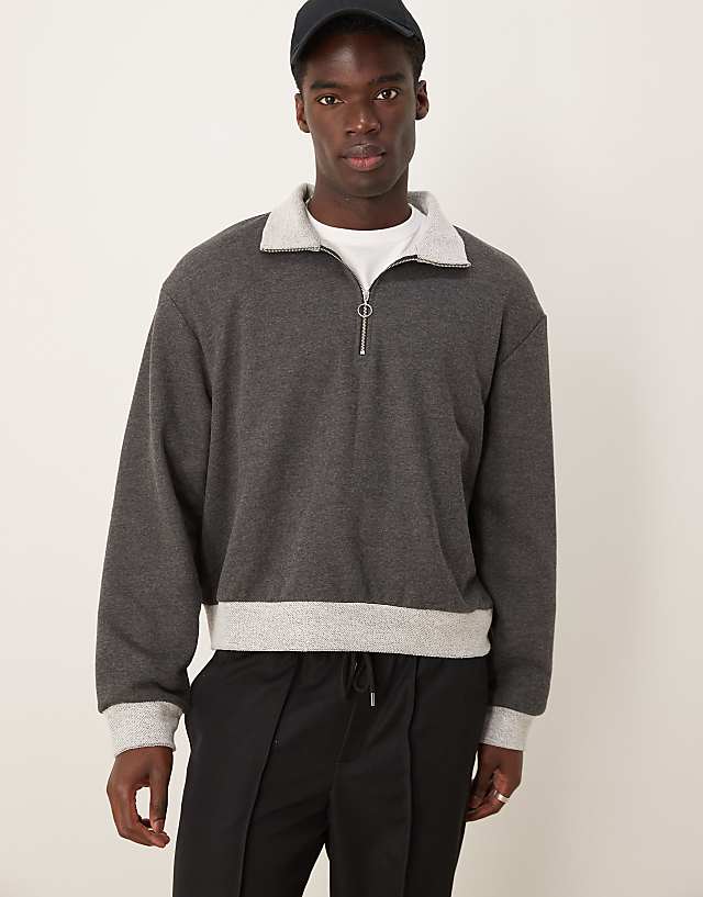 ASOS DESIGN oversized boxy funnel neck half zip sweatshirt with contrast hems in charcoal