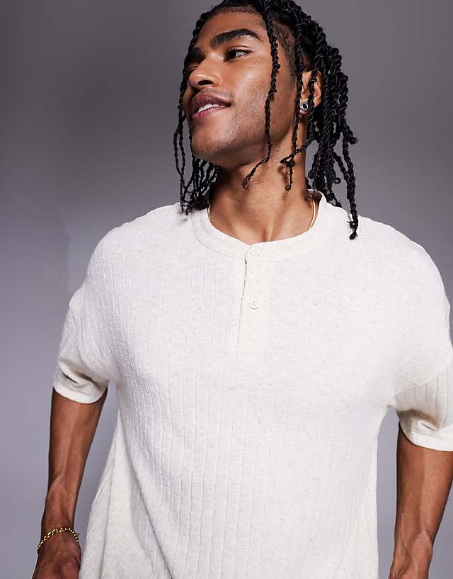 ASOS DESIGN Oversized Boxy Henley Linen Look T-shirt In Cream