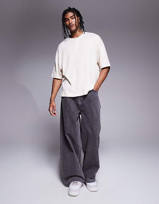 ASOS DESIGN Oversized Boxy Henley Linen Look T-shirt In Cream