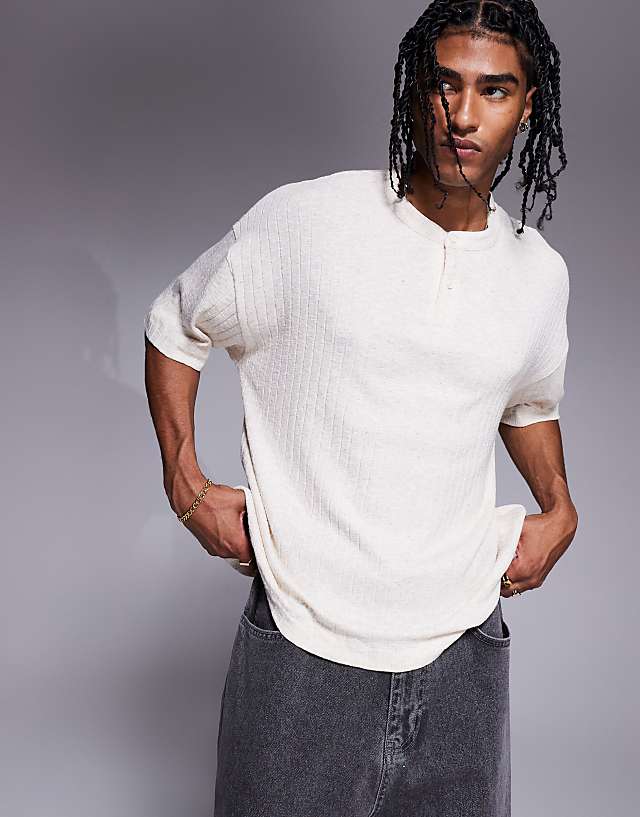 ASOS DESIGN oversized boxy henley linen look t-shirt in cream