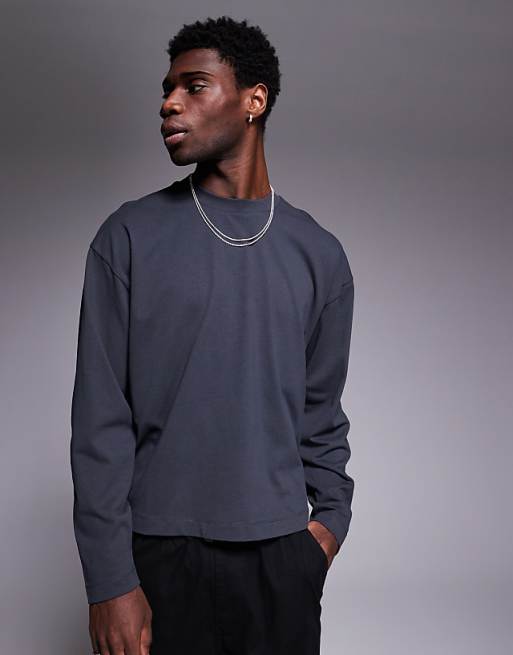ASOS DESIGN oversized boxy long sleeve t-shirt with dropped armhole in charcoal