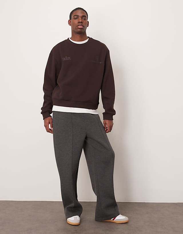 ASOS DESIGN Oversized Boxy Sweatshirt With Underarm Panels And Chest Print In Dark Brown