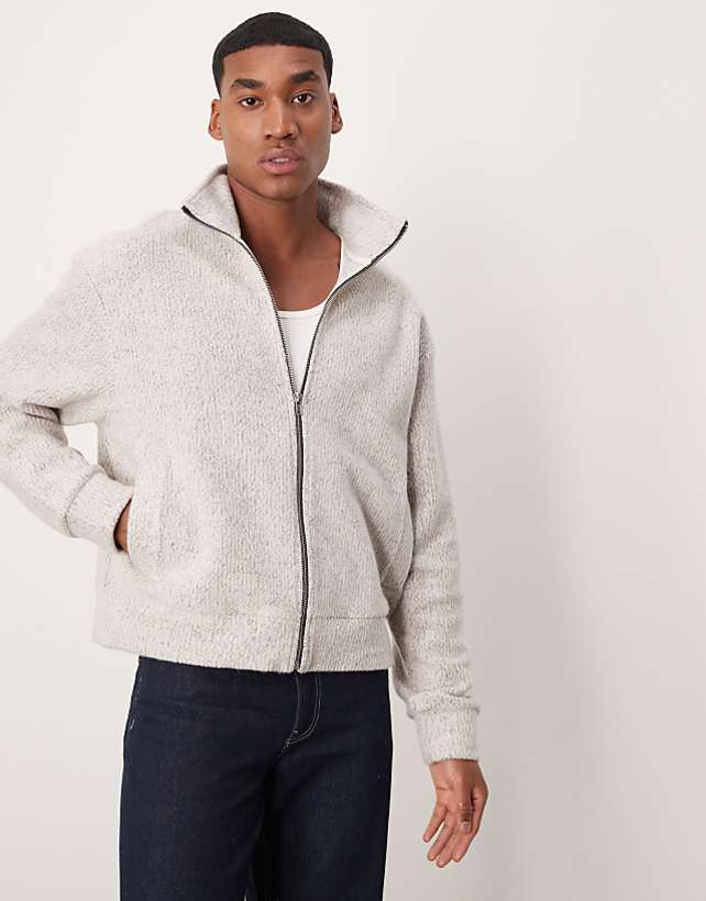 ASOS DESIGN oversized boxy zip through jacket in soft touch fleece in cream