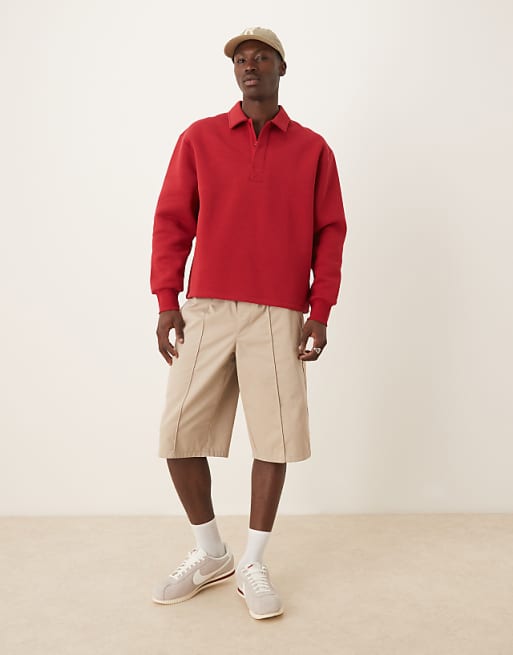 ASOS DESIGN Oversized Button Up Polo With Concealed Placet In Red