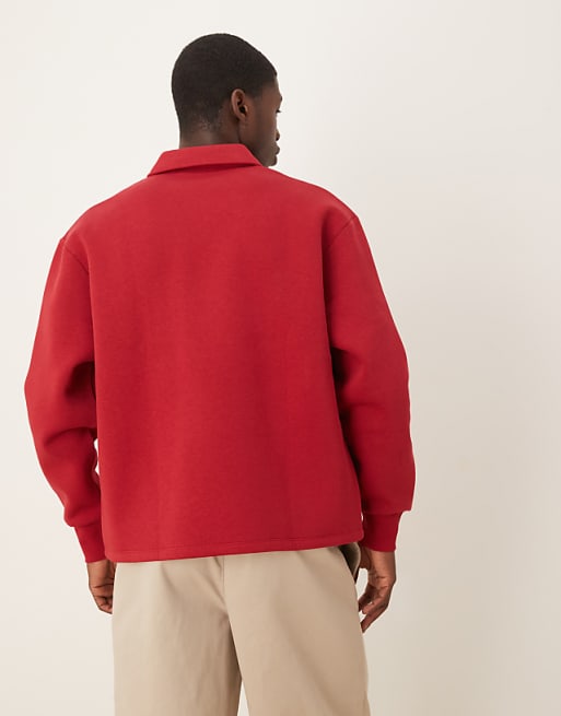 ASOS DESIGN Oversized Button Up Polo With Concealed Placet In Red