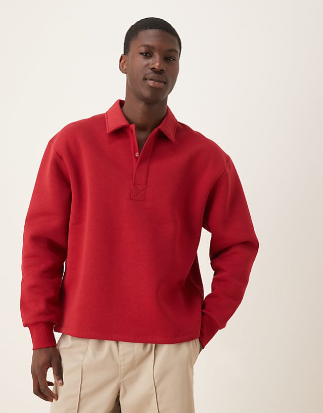 ASOS DESIGN oversized button up polo with concealed placet in red