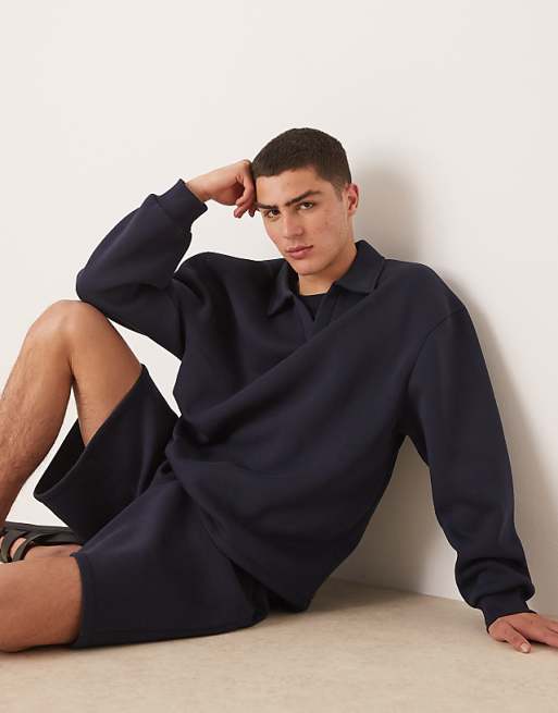 ASOS DESIGN oversized co-ord drop shoulder sweatshirt with collar in navy