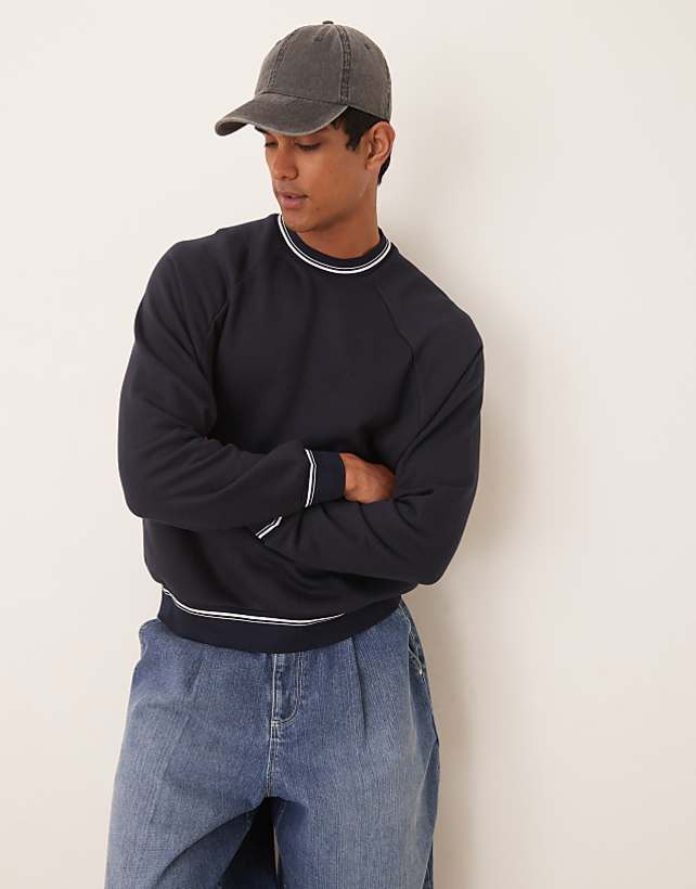 ASOS DESIGN oversized crew with tipping detail in navy blue