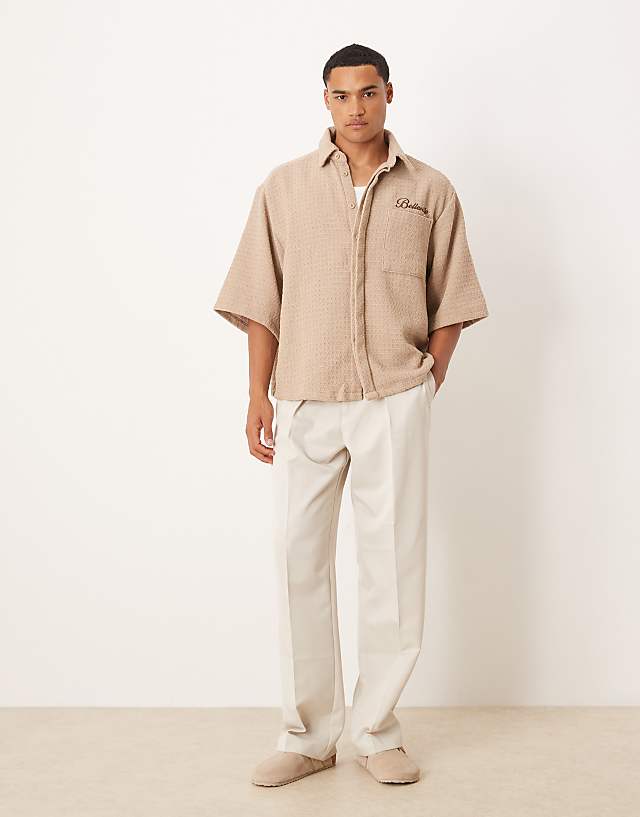 ASOS DESIGN Oversized Crochet Shirt With Half Sleeve And Embroidery In Tan