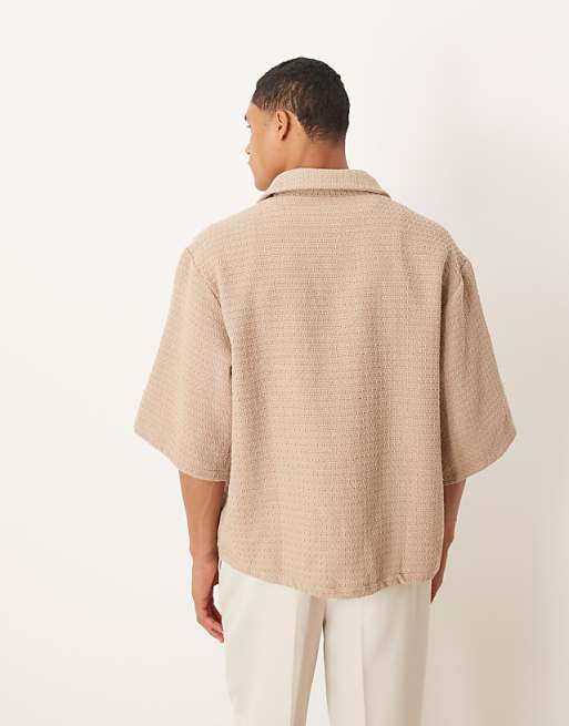ASOS DESIGN Oversized Crochet Shirt With Half Sleeve And Embroidery In Tan