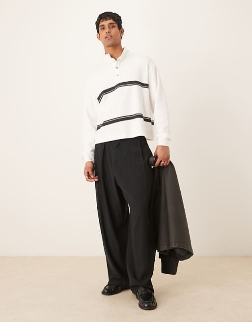 ASOS DESIGN Oversized Drop Shoulder Boxy Funnel Neck Lightweight Rib Sweatshirt With Stripe In Off White
